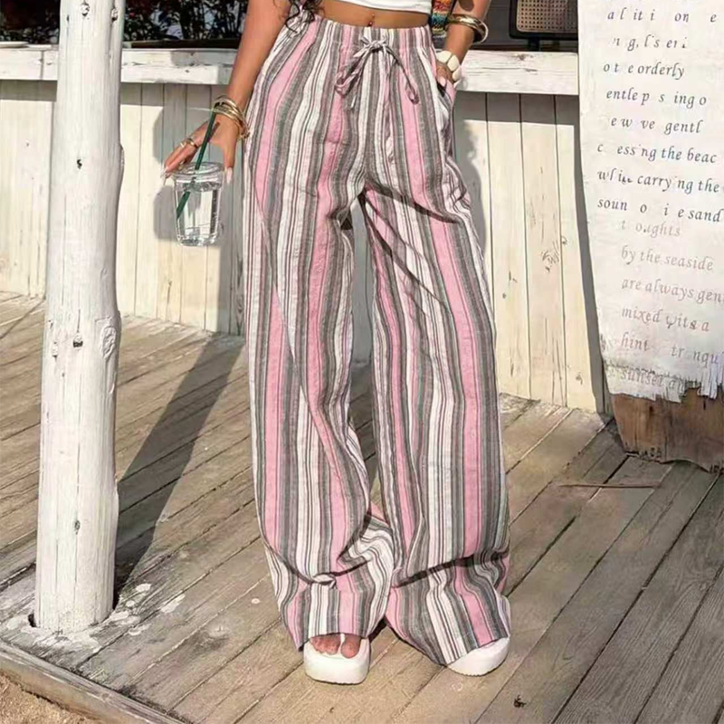 Women's Striped Wide-Leg Drawstring Pants