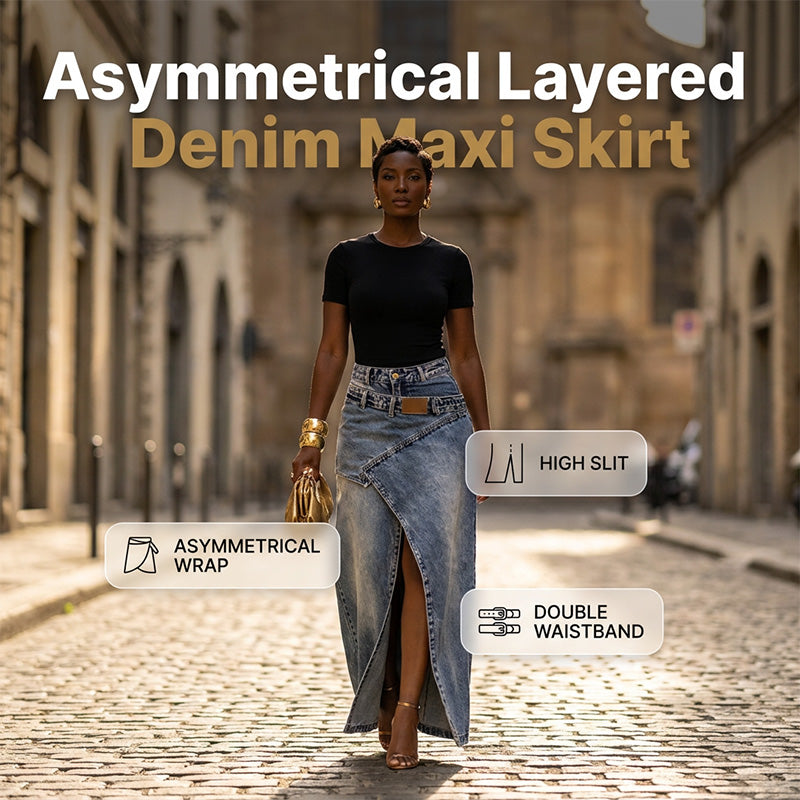 Women's Layered Waist Denim Maxi Skirt