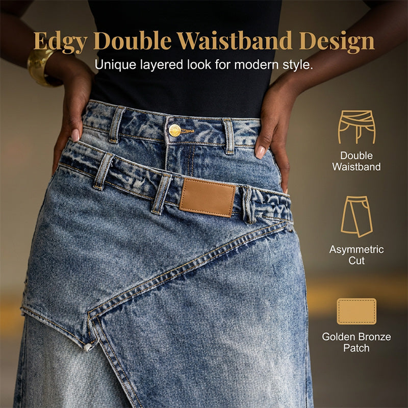 Women's Layered Waist Denim Maxi Skirt
