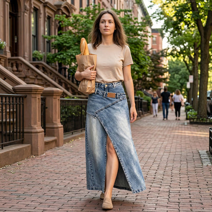 Women's Layered Waist Denim Maxi Skirt
