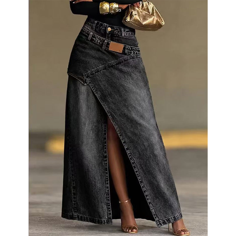 Women's Layered Waist Denim Maxi Skirt