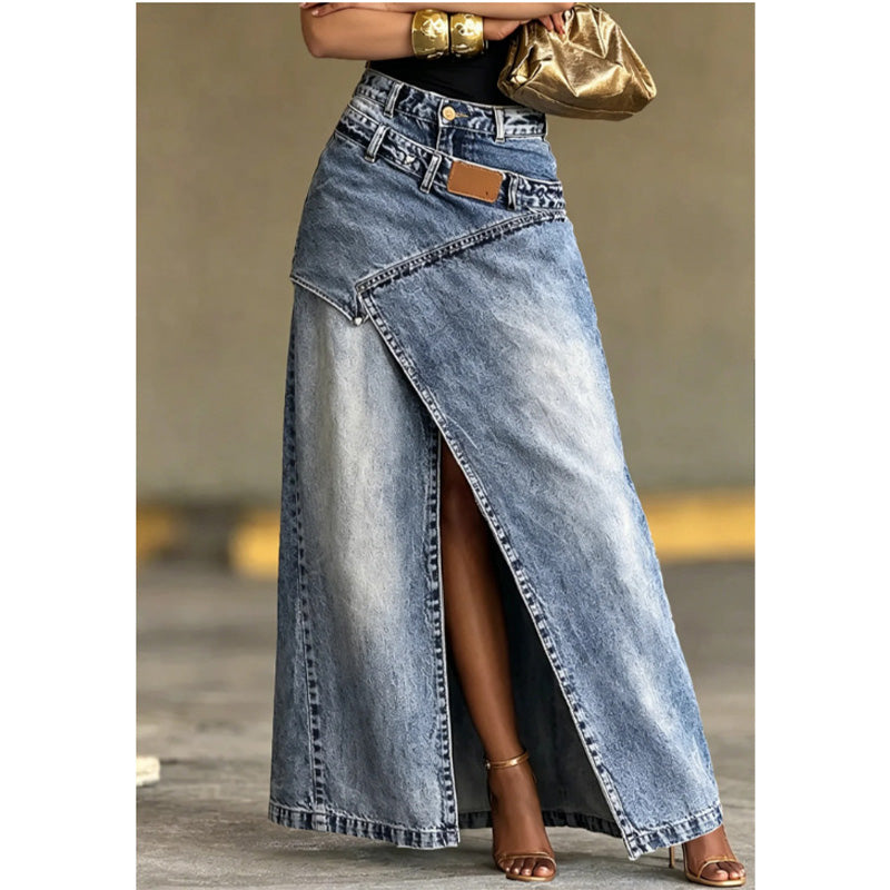 Women's Layered Waist Denim Maxi Skirt