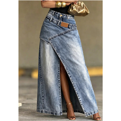 Women's Layered Waist Denim Maxi Skirt