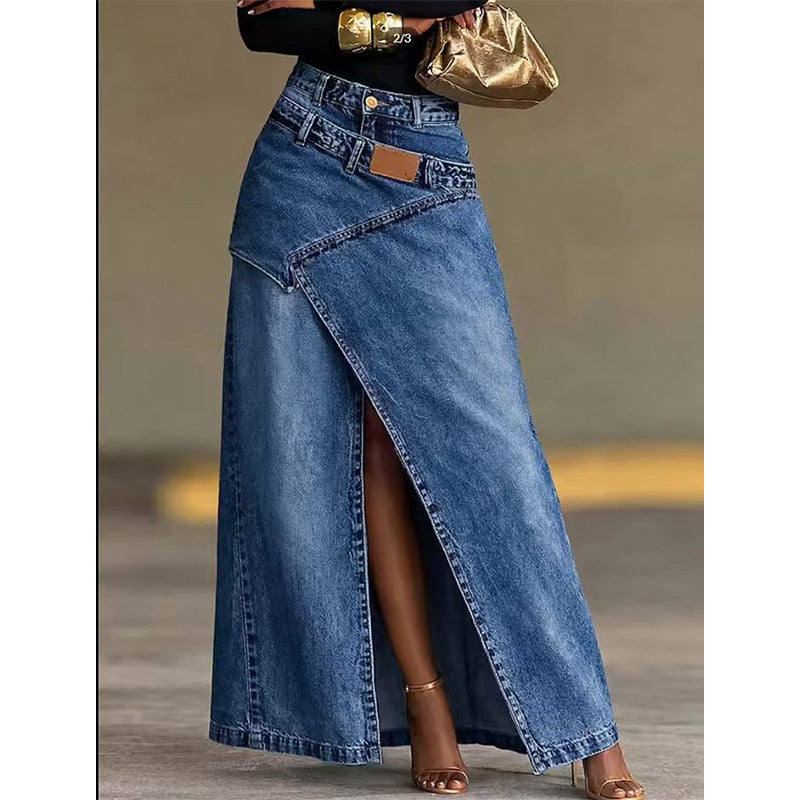 Women's Layered Waist Denim Maxi Skirt