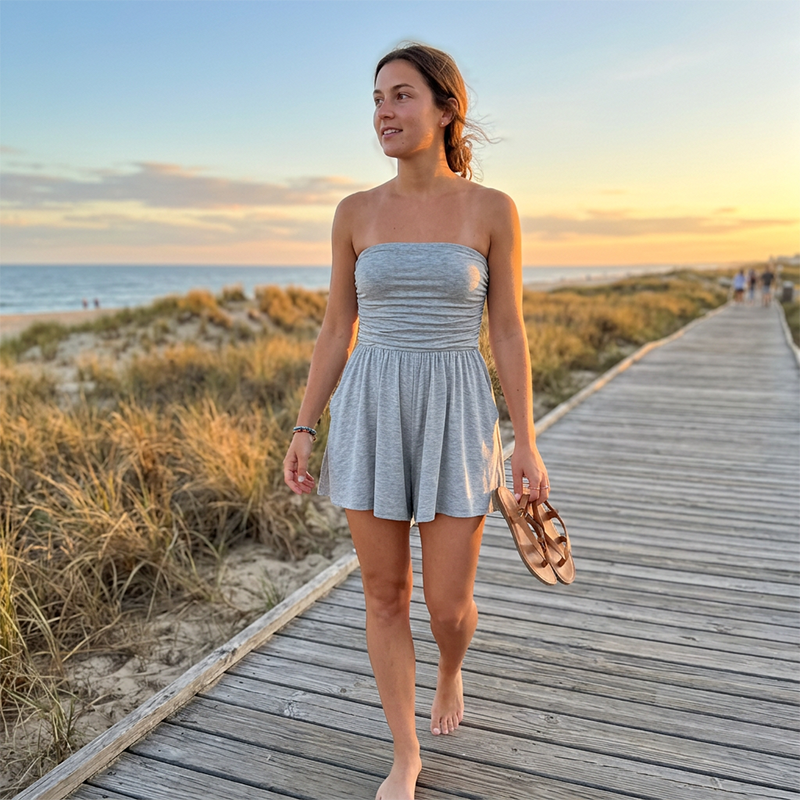 Women Strapless Tube Dress Summer Beach Ruched Romper