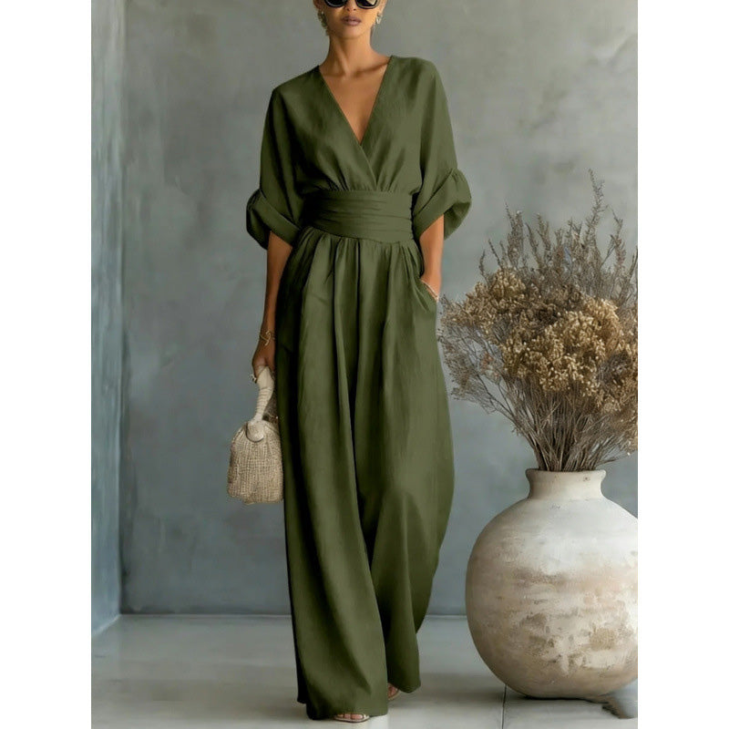 Women's V-Neck High Waist Wide Leg Jumpsuit