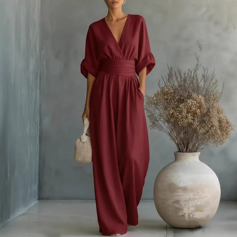 Women's V-Neck High Waist Wide Leg Jumpsuit