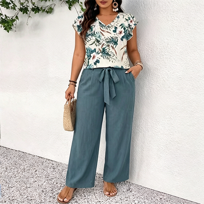 Casual Printed Wide-Leg Jumpsuit with Belt for Women
