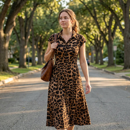 Women's Elegant Leopard Print Lapel Dress