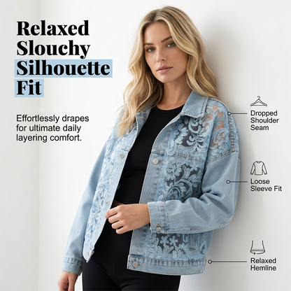 ⌛Limited-time offer-Women's Loose Floral Lace Patchwork Denim Jacket