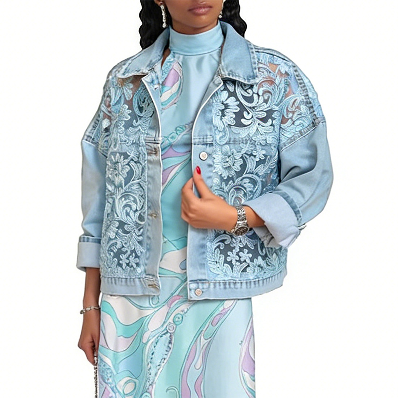 ⌛Limited-time offer-Women's Loose Floral Lace Patchwork Denim Jacket