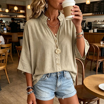 👚✨Women's Half Sleeve Button-Up V-Neck Shirts – Effortless Everyday Chic💫