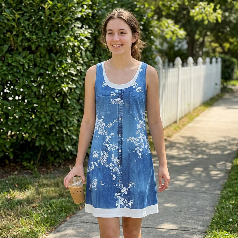👗☀️Women's Faux Two-Piece Denim Print Dress - Throw It On And Look Instantly Put Together✨