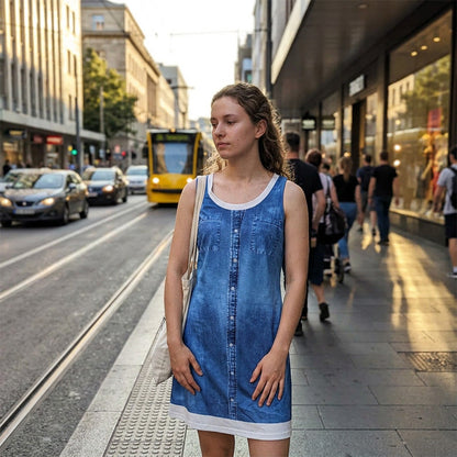 👗☀️Women's Faux Two-Piece Denim Print Dress - Throw It On And Look Instantly Put Together✨