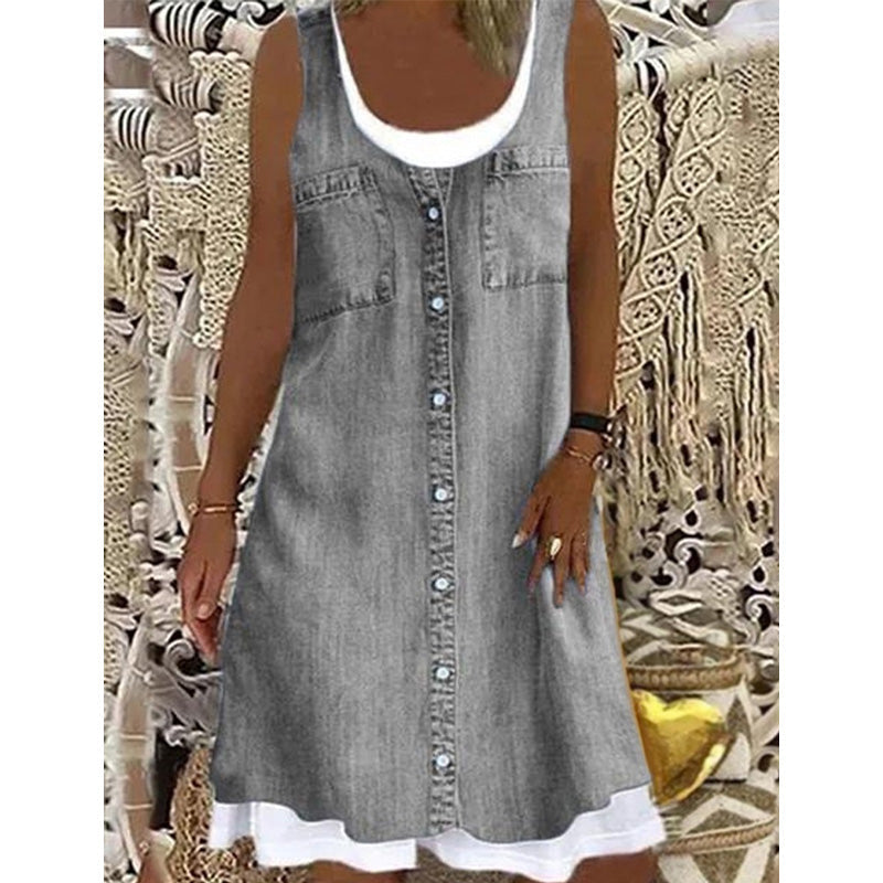 👗☀️Women's Faux Two-Piece Denim Print Dress - Throw It On And Look Instantly Put Together✨