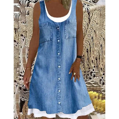 👗☀️Women's Faux Two-Piece Denim Print Dress - Throw It On And Look Instantly Put Together✨