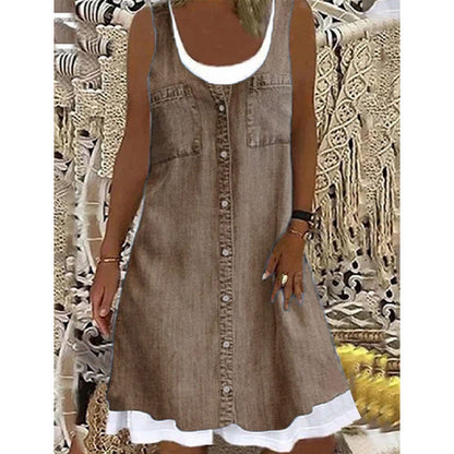 👗☀️Women's Faux Two-Piece Denim Print Dress - Throw It On And Look Instantly Put Together✨