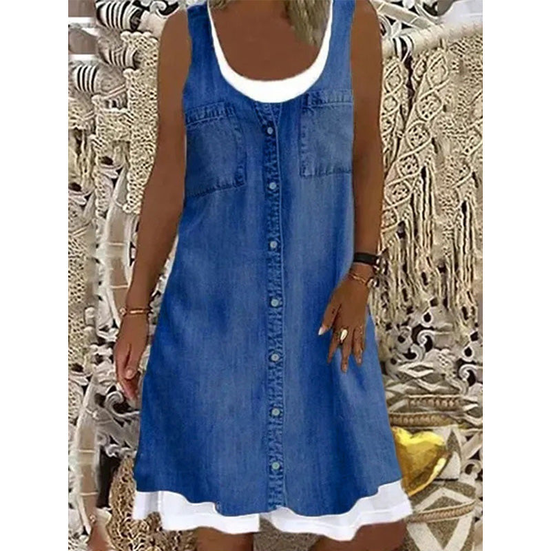 👗☀️Women's Faux Two-Piece Denim Print Dress - Throw It On And Look Instantly Put Together✨