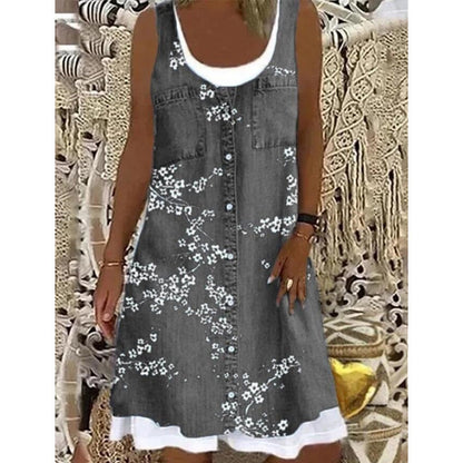 👗☀️Women's Faux Two-Piece Denim Print Dress - Throw It On And Look Instantly Put Together✨