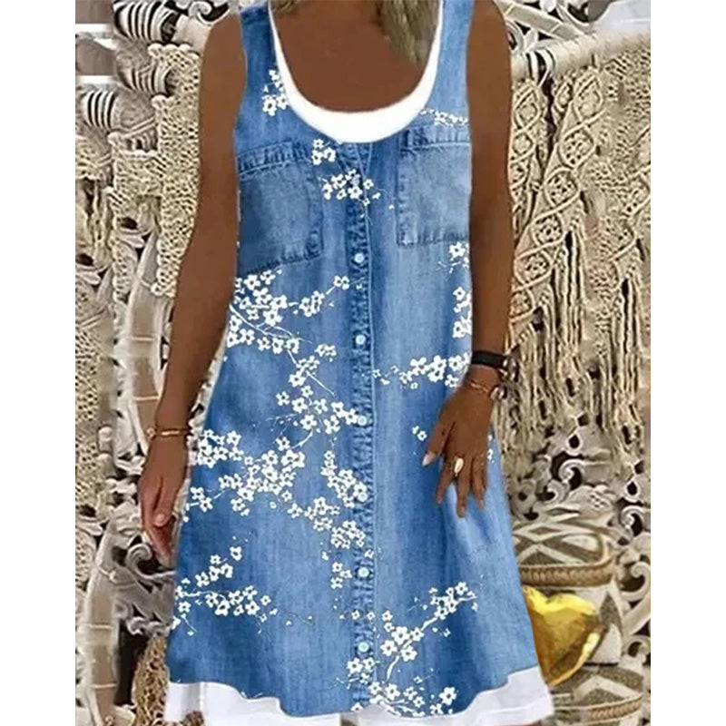 👗☀️Women's Faux Two-Piece Denim Print Dress - Throw It On And Look Instantly Put Together✨