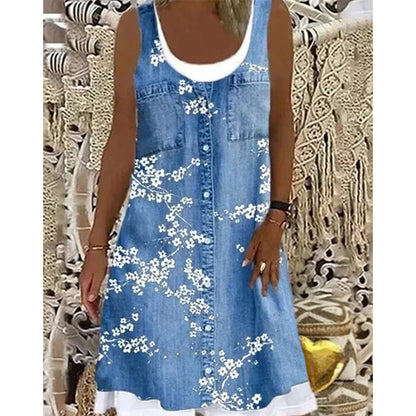 👗☀️Women's Faux Two-Piece Denim Print Dress - Throw It On And Look Instantly Put Together✨