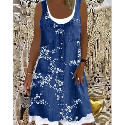 👗☀️Women's Faux Two-Piece Denim Print Dress - Throw It On And Look Instantly Put Together✨