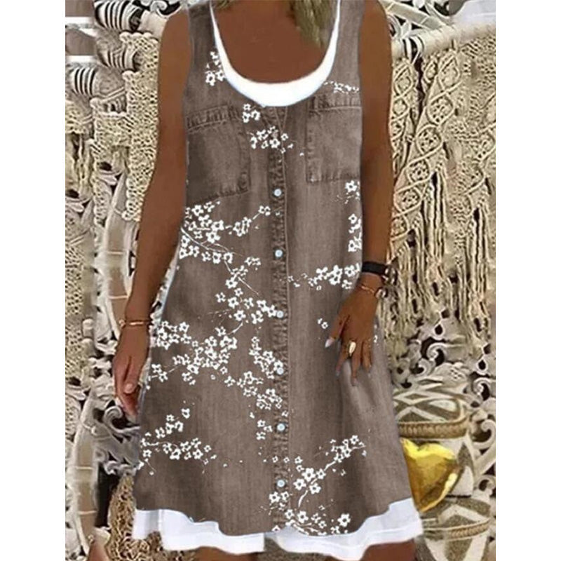 👗☀️Women's Faux Two-Piece Denim Print Dress - Throw It On And Look Instantly Put Together✨