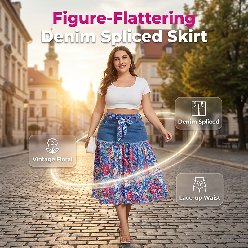 Women’s Plus Size Elegant Bohemian A-Line Denim Patchwork Midi Skirt🌟BUY 2 GET FREE SHIPPING