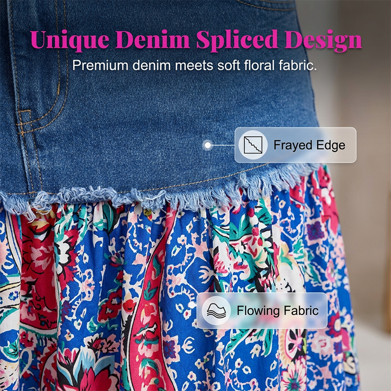 Women’s Plus Size Elegant Bohemian A-Line Denim Patchwork Midi Skirt🌟BUY 2 GET FREE SHIPPING