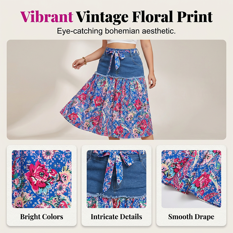 Women’s Plus Size Elegant Bohemian A-Line Denim Patchwork Midi Skirt🌟BUY 2 GET FREE SHIPPING