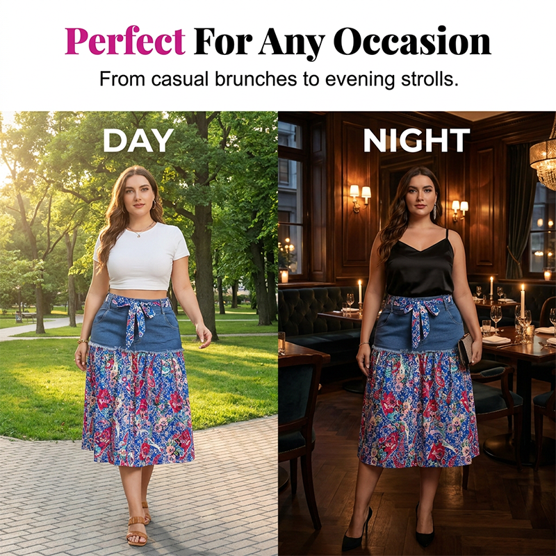 Women’s Plus Size Elegant Bohemian A-Line Denim Patchwork Midi Skirt🌟BUY 2 GET FREE SHIPPING
