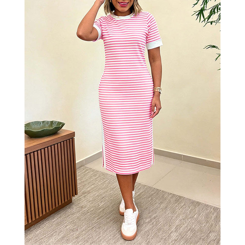 Women's Striped Short Sleeve Midi Dress