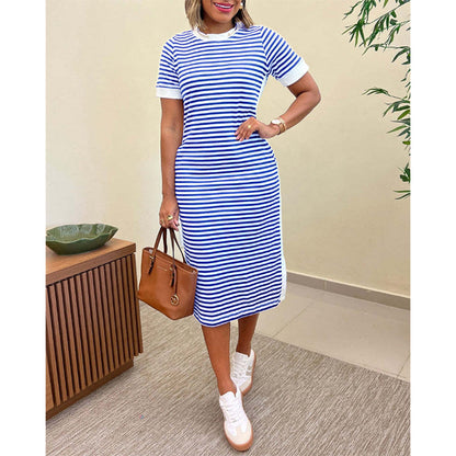 Women's Striped Short Sleeve Midi Dress