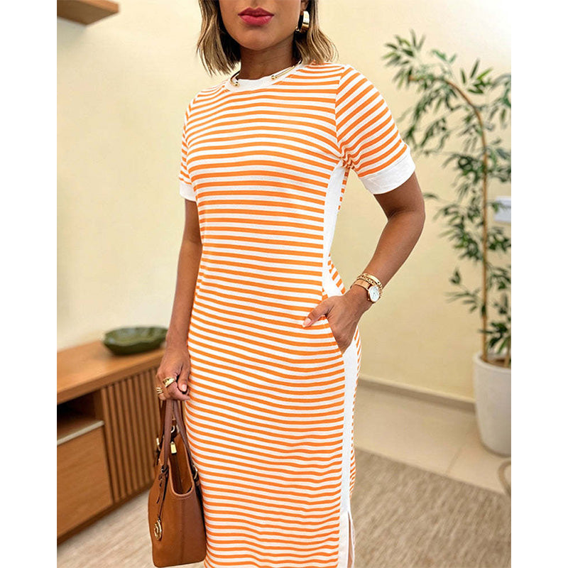Women's Striped Short Sleeve Midi Dress
