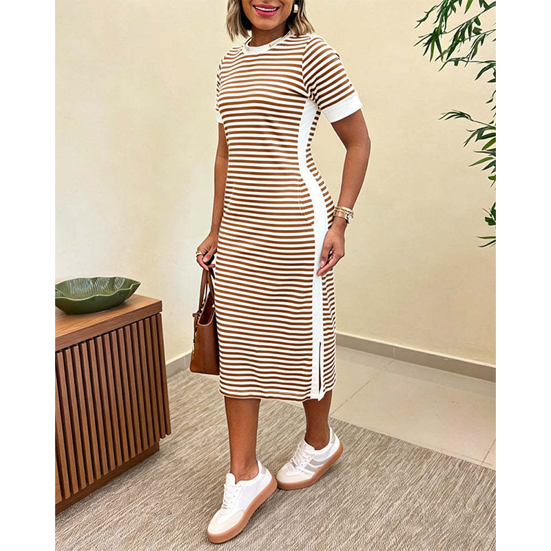 Women's Striped Short Sleeve Midi Dress
