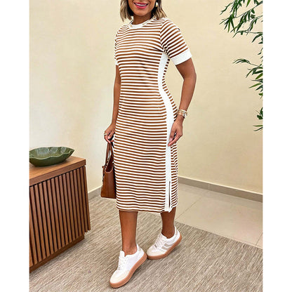 Women's Striped Short Sleeve Midi Dress