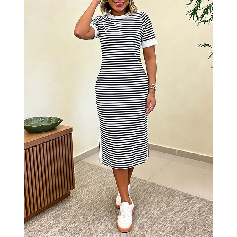 Women's Striped Short Sleeve Midi Dress