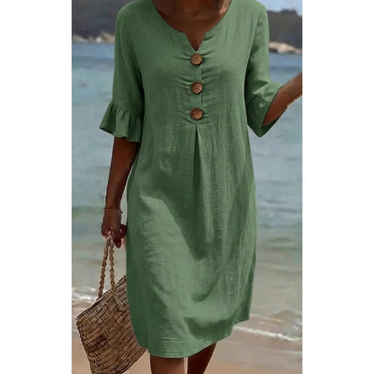 🎉 2026 Sale — Over 31,600 Sold 🔥 Women Solid Ruffle Sleeve V-Neck Midi Dress – Summer Casual Dress 🌸