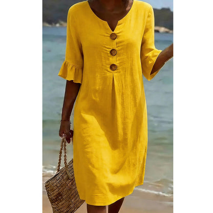 🎉 2026 Sale — Over 31,600 Sold 🔥 Women Solid Ruffle Sleeve V-Neck Midi Dress – Summer Casual Dress 🌸