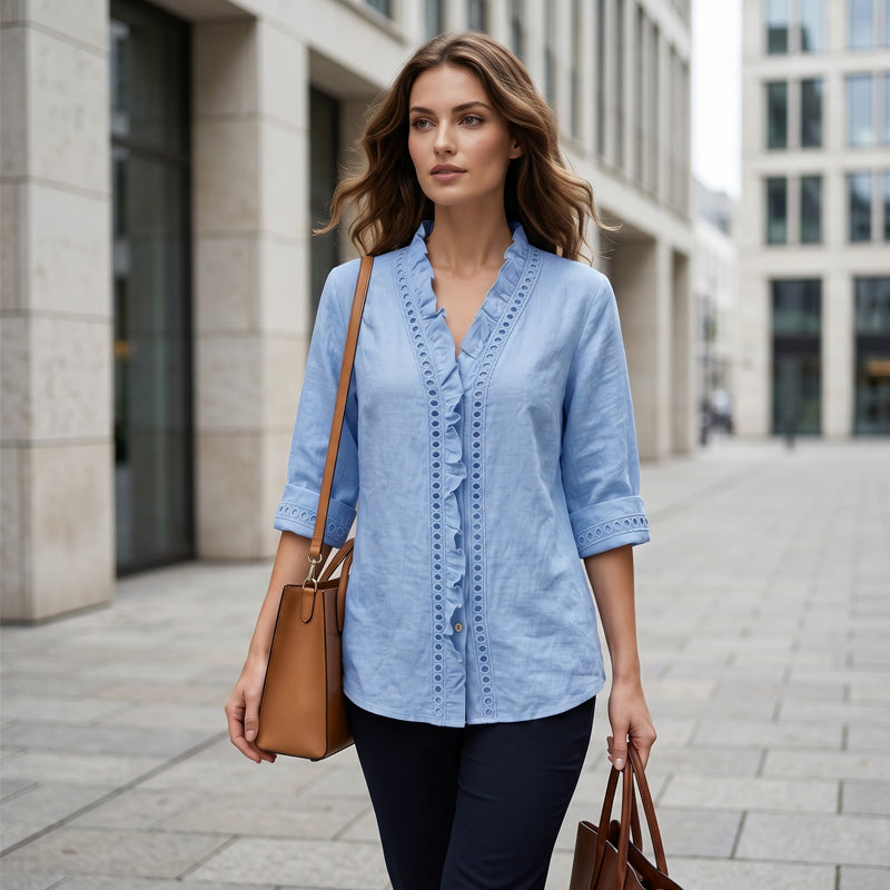 👚✨Women's Casual V-Neck Ruffle Trim Blouse – Effortless Feminine Everyday Style🌸