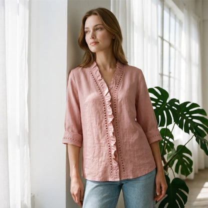 👚✨Women's Casual V-Neck Ruffle Trim Blouse – Effortless Feminine Everyday Style🌸