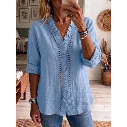 👚✨Women's Casual V-Neck Ruffle Trim Blouse – Effortless Feminine Everyday Style🌸