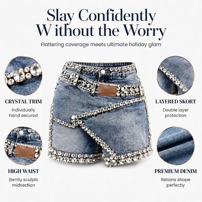 👖💎Women’s Rhinestone Denim Layered Skort – Sparkle Style Meets Everyday Comfort ✨