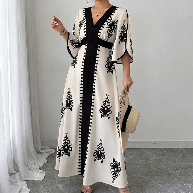 Women's Elegant V-Neck Print Maxi Dress