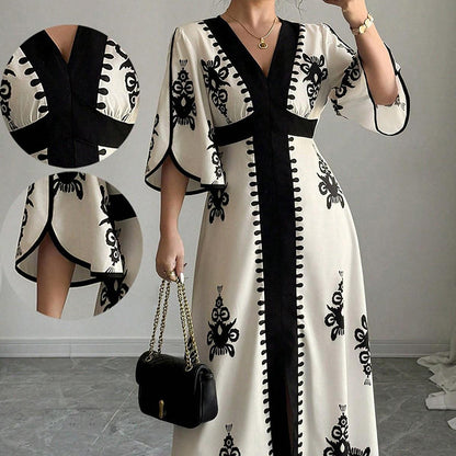 Women's Elegant V-Neck Print Maxi Dress
