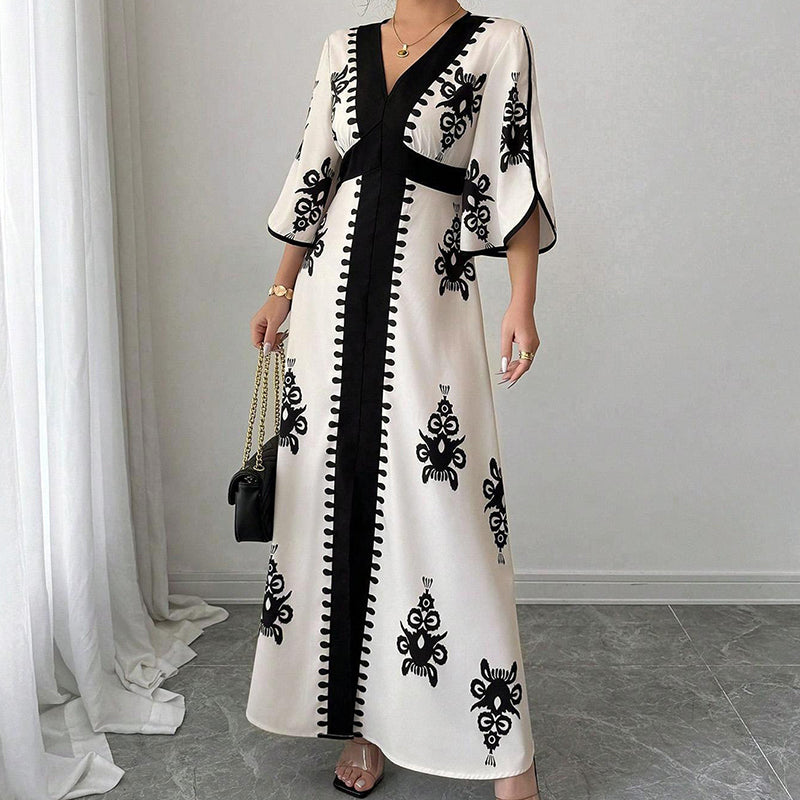 Women's Elegant V-Neck Print Maxi Dress