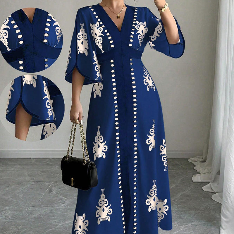 Women's Elegant V-Neck Print Maxi Dress
