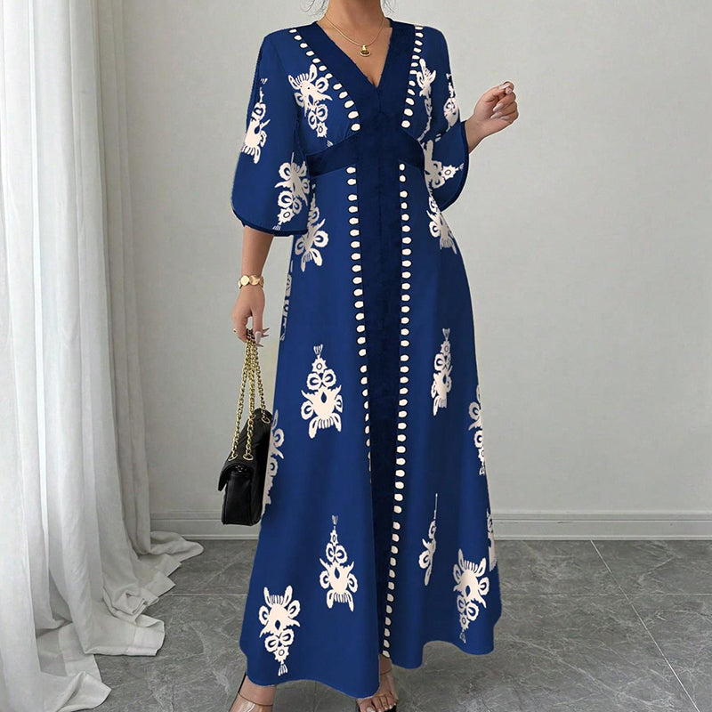 Women's Elegant V-Neck Print Maxi Dress