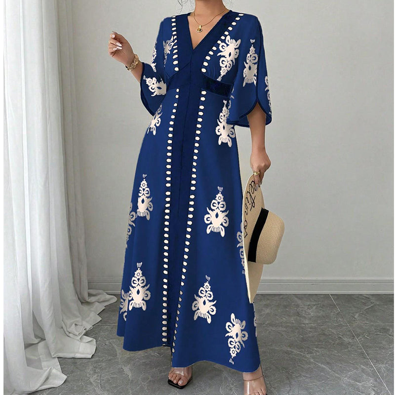 Women's Elegant V-Neck Print Maxi Dress