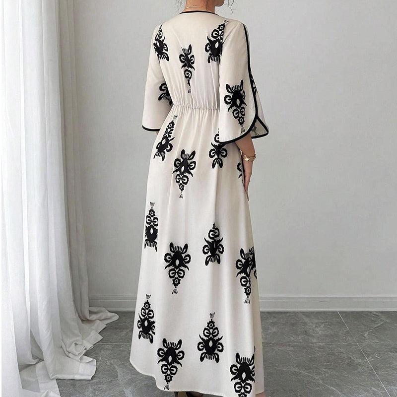 Women's Elegant V-Neck Print Maxi Dress